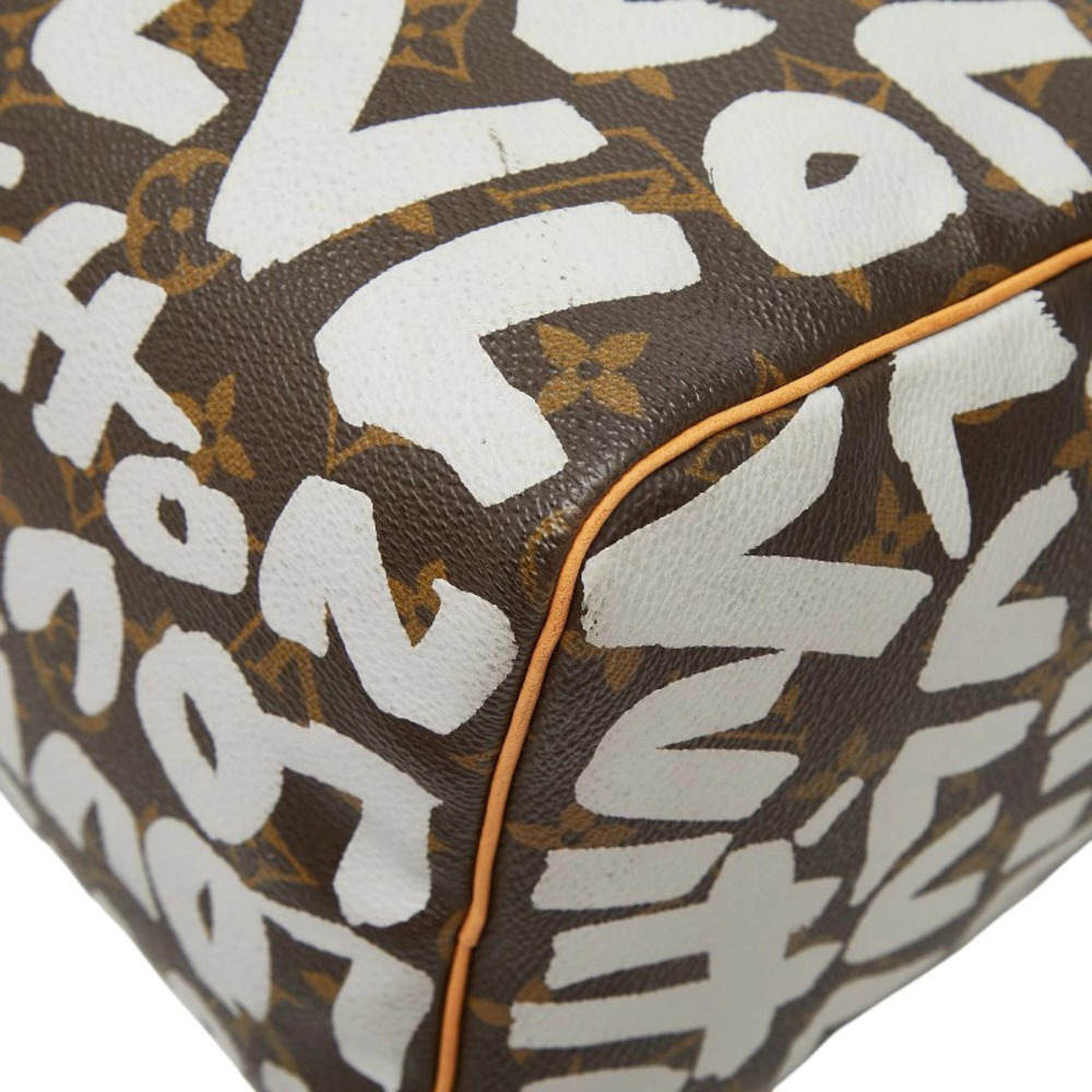 Louis Vuitton Monogram Graffiti Speedy Handbag Boston Bag Brown White Leather - Picture 6 of 10